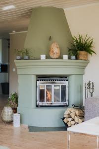 a fireplace in a living room with a fire place at Longbeach Life in Falkenberg