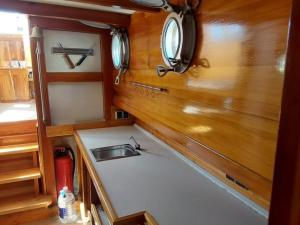 a small kitchen with a sink and wooden walls at Boot Rosi Hafen Greiswald in Greifswald