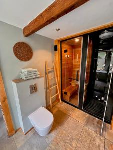 a bathroom with a toilet and a shower at Spoor 2 met Wellness in Nieuwe Vaart