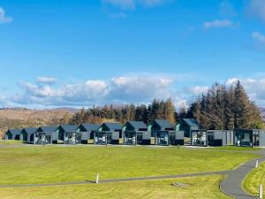 a row of lodges on a grassy field with trees at Wild Atlantic Camp in Creeslough
