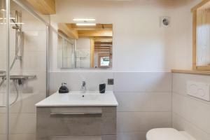 a bathroom with a sink and a toilet and a mirror at Chalet Individuel - Saflalou in Combloux +20 photos