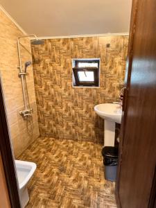 a bathroom with a toilet and a sink at Villa Dabderr Mestia in Mestia +66 photos
