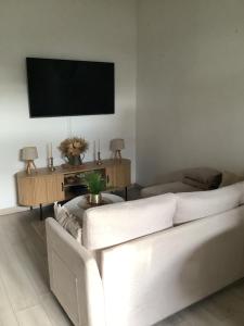 a living room with a white couch and a flat screen tv at Jul'Home pour 4 personnes , Terrasse avec Jacuzzi en centre ville Dax in Dax