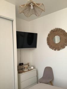 a bedroom with a tv and a chair and a mirror at Jul'Home pour 4 personnes , Terrasse avec Jacuzzi en centre ville Dax in Dax +6 photos