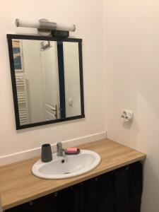a bathroom with a sink and a mirror at Jul'Home pour 4 personnes , Terrasse avec Jacuzzi en centre ville Dax in Dax