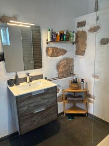 a bathroom with a sink and a mirror and a shower at Apartment Estrella Nina in La Ampuyenta
