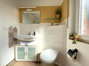 a bathroom with a toilet and a sink at Sand & Siel Dangast in Dangast