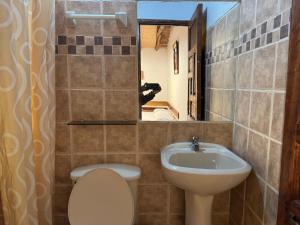 a bathroom with a sink and a toilet and a mirror at ollanta lodge in Ollantaytambo