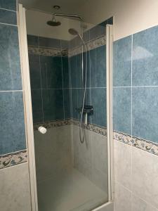 a shower with a glass door in a bathroom at Oasis de Bonheur à Amaryllis in La Guierche