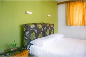 a bedroom with a white bed and a green wall at Omiros in Faliraki
