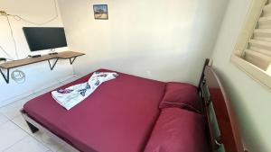 a red bed in a room with a tv at Recanto Jatobá - Delfinópolis in Delfinópolis