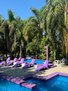 a row of purple lounge chairs next to a pool at Refugio de Luna Termal in Termas de Río Hondo