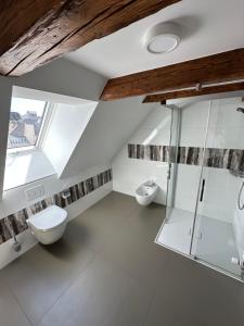 a bathroom with two toilets and a shower at Chez Gilles Hôtel Restaurant SA in La Chaux-de-Fonds
