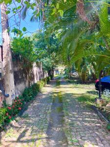 a cobblestone road with palm trees and a building at Quarto suíte privativo em campinas para até 3 pessoas in Campinas +2 photos