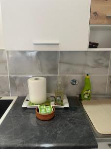 a kitchen counter with a cutting board and a plate of food at Orchidea Apartman in Bačka Topola +25 photos