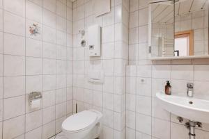 a white bathroom with a toilet and a sink at Superior Apt mit Seeblick K2 102 in Spalt +15 photos
