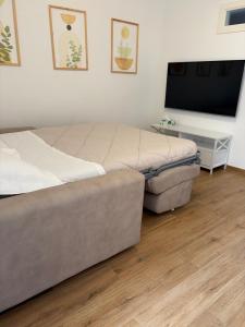 a bedroom with two beds and a flat screen tv at Casa Milele in Viareggio