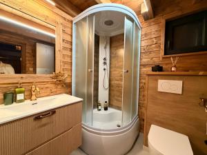 a bathroom with a shower and a sink at Sunny Garden House in Martinske Hole