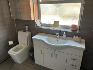 a bathroom with a sink and a toilet and a window at Central Mablethorpe Apartment in Mablethorpe