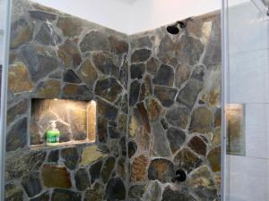 a shower with a stone wall and a bottle in a niche at Rincon del descanso in Salento +47 photos
