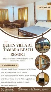 a flyer for a hotel room with a bed and a living room at Tamara Beach Resort in Bailat