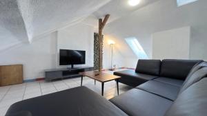 a living room with a couch and a tv at Construction worker's apartment in Hof in Hof