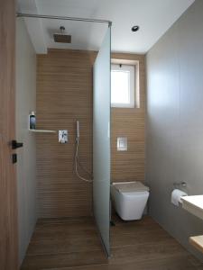a bathroom with a shower with a toilet and a sink at Aurelea Luxury Apartments in Kos +18 photos