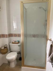 a bathroom with a toilet and a glass shower at Church Farm Hartham in Biddlestone