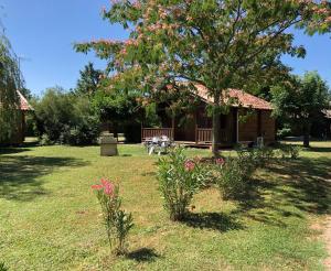 a house with a picnic table in a yard at Les chalets de fiolles in Brens +3 photos