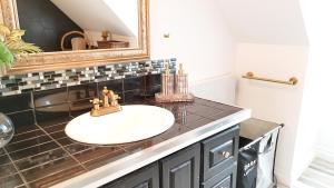 a bathroom with a sink and a mirror at Maison meublée et équipée, clé en main pour séjours 31 jours et plus! in Quebec City +25 photos