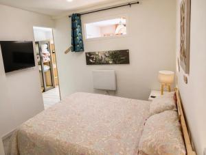 a small bedroom with a bed and a television at La Skibelle Orelle-ValThorens- Sauna & bain nordique in Orelle