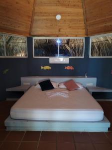 a bedroom with a large bed in a blue wall at Ecohotel Nativa Beach in Cartagena de Indias