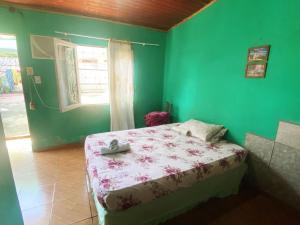a bedroom with a bed and a green wall at LOLI Guest House Iguazú Habitaciones privadas con baño in Puerto Iguazú