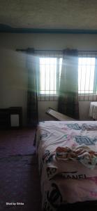 a bedroom with a bed and a window with curtains at James breazy hill in Sandy Bay