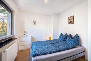 a bedroom with a bed with blue pillows at Ferienwohnung Schack in Hoisdorf