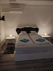 a bedroom with a large bed with two night stands at JÁZMIN magán szállás in Makó
