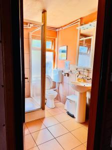a bathroom with a toilet and a sink at Beautiful Rustic Cabin in Prejmer
