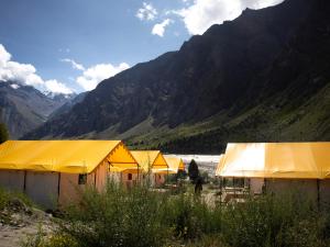 a row of yellow tents with mountains in the background at GoingZero Luxury Camps Jispa in Jispa