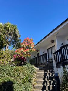 a house with stairs and a tree with pink flowers at The Old Library in Arisaig +7 photos