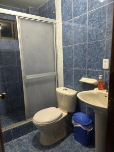 a bathroom with a toilet and a shower and a sink at Departamento con parqueadero céntrico in Baños