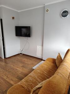a living room with a couch and a tv at Apartament Wisełka nad jeziorem in Wisełka