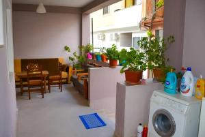 a living room with a washing machine and potted plants at Bloom House Përmet in Përmet