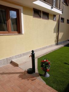 a fire hydrant and a vase of flowers in a yard at Il bosso in Ciriè