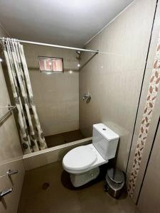 a small bathroom with a toilet and a shower at Hotel Palmas Reales in Trujillo