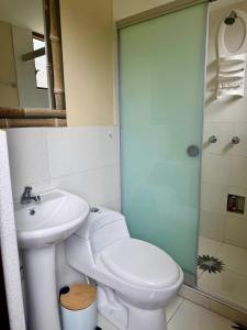 a bathroom with a toilet and a sink and a shower at Hospedaje el Indi0 in Pisac +10 photos