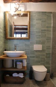 a bathroom with a sink and a toilet and a mirror at Verzasca Lodge Cassiopea in Frasco +21 photos