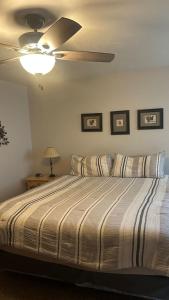 a bedroom with a bed with a ceiling fan at Davis Beach Getaway Pet Friendly & Beach Access in McCall +24 photos