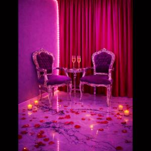a purple room with two chairs and a table with wine glasses at Love Room- Adult Only in Bucharest