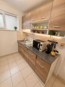 a kitchen with wooden cabinets and a counter with a microwave at Sasha Apartment and Swimming Pool in Gornje Selo