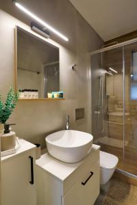 a bathroom with a sink and a shower and a toilet at Eftychia's Cozy Apartment in Sitia +24 photos